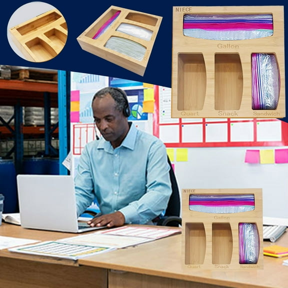 HOZVOMI Household Goods Dispenser Food Storage Bag Rack - Natural Wooden Flip-Top Organizer for Kitchen Pantry