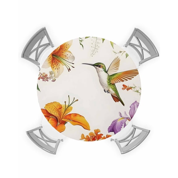 nqOlkjepod Spring Floral Round Tablecloth, Fitted Table Cover with Elastic for 45"-54" Round Tables, Country Summer Botanical Colorful Birds Table Cloth Outdoor Dinning Party Waterproof Tablecloths