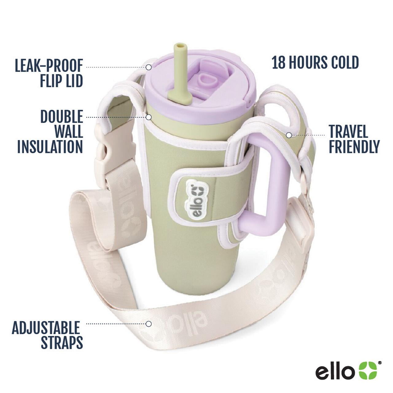 Ello Ultra Clean 24oz Stainless Steel Tumbler with Handle and Bottle Bag Sling with Adjustable Strap, Whispering Leaves