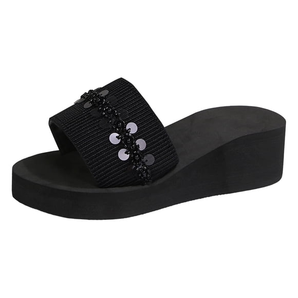 Sandales à Talon Compensé à Brides en Tricot Légères pour Femmes, Décorées de Perles, Légères, Antidérapantes, Plateforme, Pantoufles d'Été, Noires, Taille 7