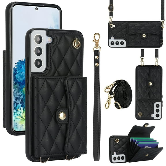 for Samsung Galaxy S22 Case, Wallet Phone PU Leather Case with Card Holder Crossbody Cover for Women Girls Strap Wristlet RFID Blocking Shockproof Protective Cover for Samsung S22, Black