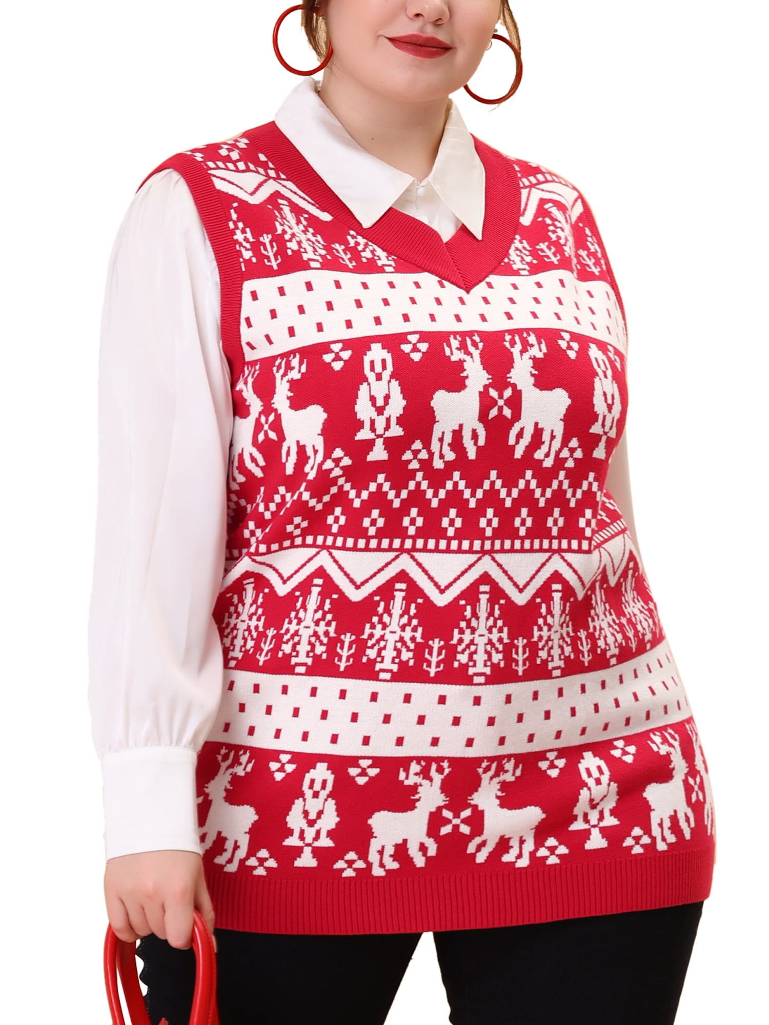 Unique Bargains Juniors' Plus Size Houndstooth Vest V Neck Loose Knitted Sweaters 2X Red