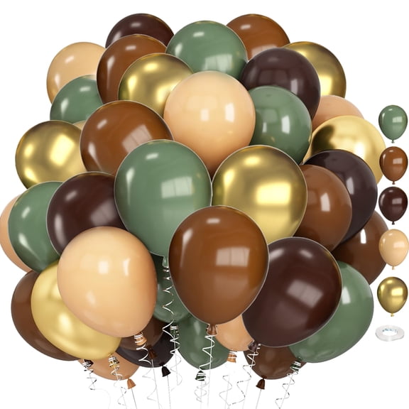 50 PCS Sage Green,Gold,Brown Balloons, Army Olive Green,Dark Brown,Coffee Nude Gold Balloons for Jungle Safari Woodland Hunting Birthday Party Decorations