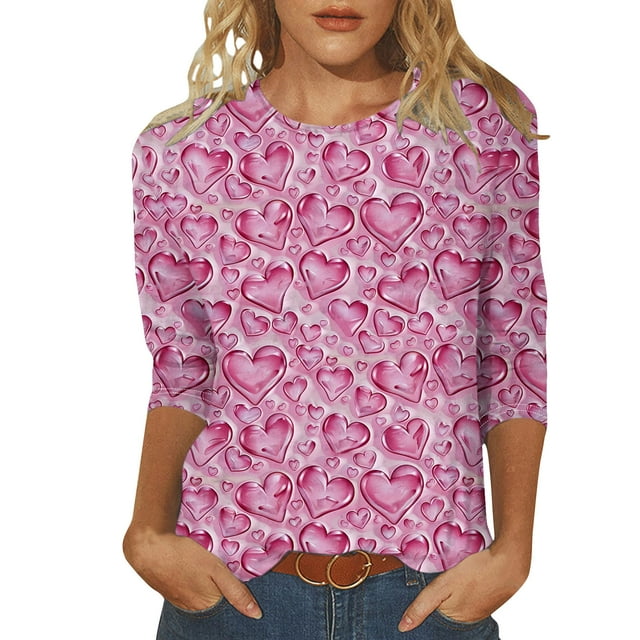 Penkiiy Chemises de la Saint-Valentin pour Femmes Manches 3/4 Col Rond Blouses Décontractées Imprimé Mignon Tuniques Tops 2025 TG Multicolore
