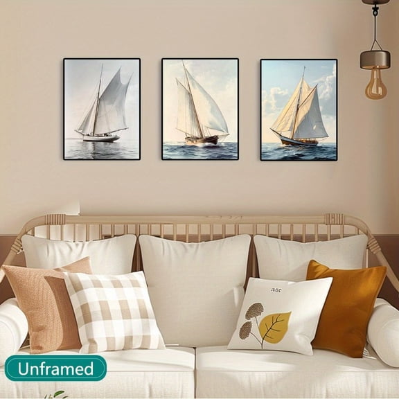 3pcs Sailboat Seascape Canvas Art Set - Vintage Nautical Wall Decor, Frameless, Contemporary Style for Living Room & Dining Area, Nautical Wall Art|Coastal Theme Decor|Quality Canvas Material, Coast