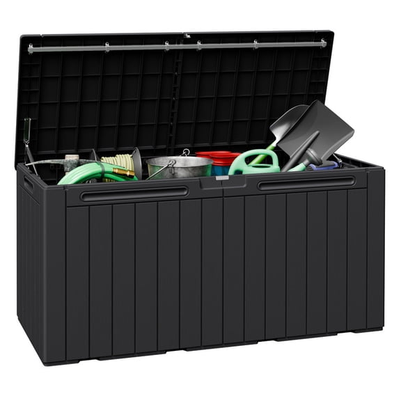 Devoko 99 Gallon Deck Box, Outdoor Storage Container with Lockable Lid, Waterproof Resin Storage Bin for Patio Cushions, Garden Tools & Pool Supplies, Black