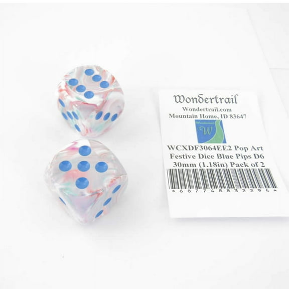 Pop Art Festive Dice with Blue Pips D6 30mm (1.18in) Pack of 2 Wondertrail