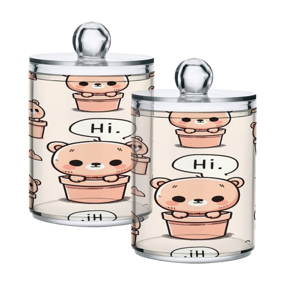 2 Pack Cute Teddy Bear in Pots Qtip Holder Dispenser Clear Plastic Storage Apothecary Jars for Cotton Swabs Balls Pads Floss