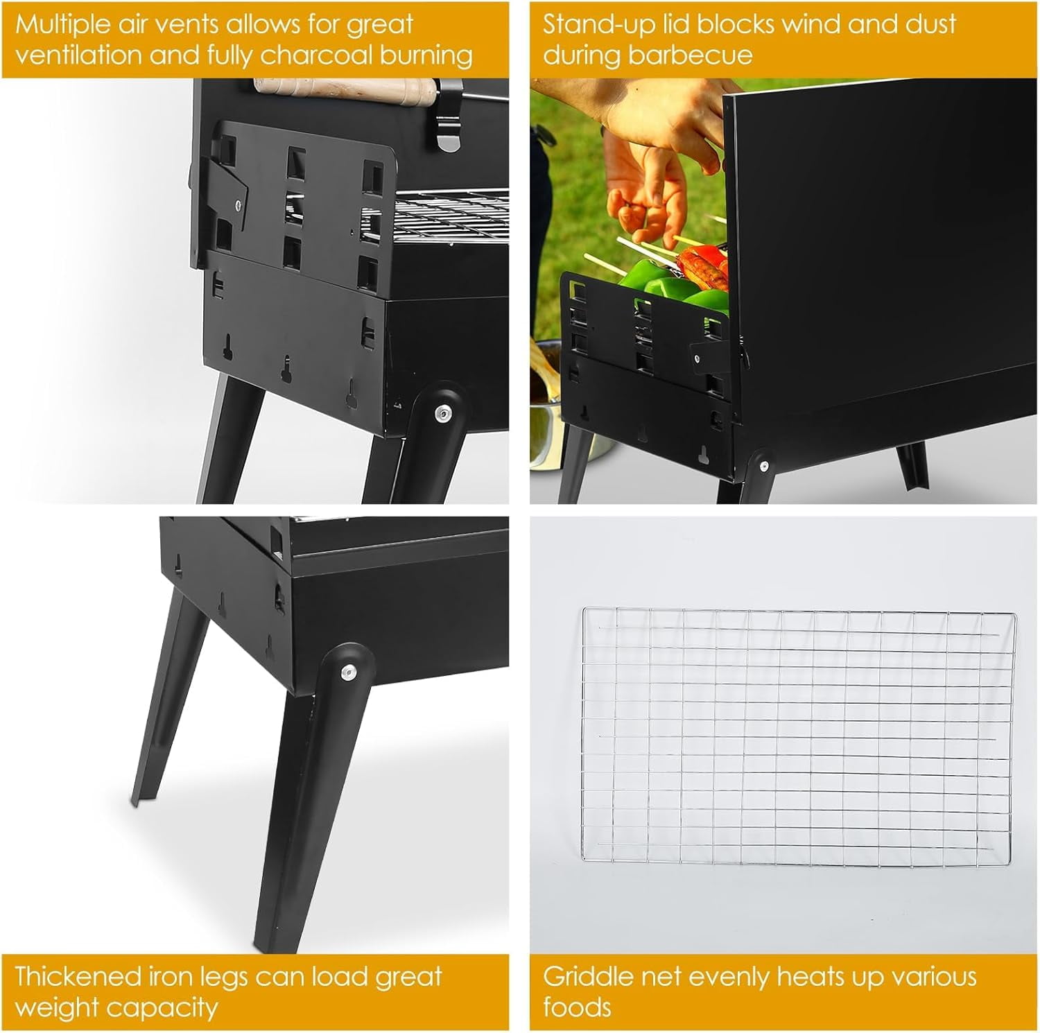 Portable Charcoal Grill, Small Foldable Tabletop BBQ Grill with Lid & Barbecue Accessories, Mini Charcoal Barbecue Grill for Outdoor Camping Cooking Picnic Beach Patio (18.5 x 10.62 x 18.11in, Black)