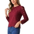 thumbnail image 4 of INSPIRE CHIC Women's Lace Top Long Sleeve Ruffled Neck Peplum Hem Floral Dressy Blouse L Red, 4 of 6