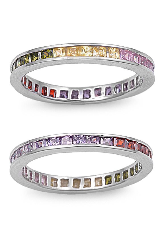 Princess Cut Channel Multicolor Cubic Zirconia Ring Sterling Silver 925 Size 9