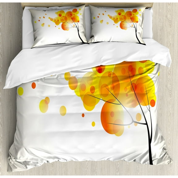 Abstract Duvet Cover Set, Modern Tree Sun Autumn Themed Vibrant Image Art Print, Decorative 3 Piece Bedding Set with 2 Pillow Shams, Calking Size, Yellow Orange and Black, by Ambesonne