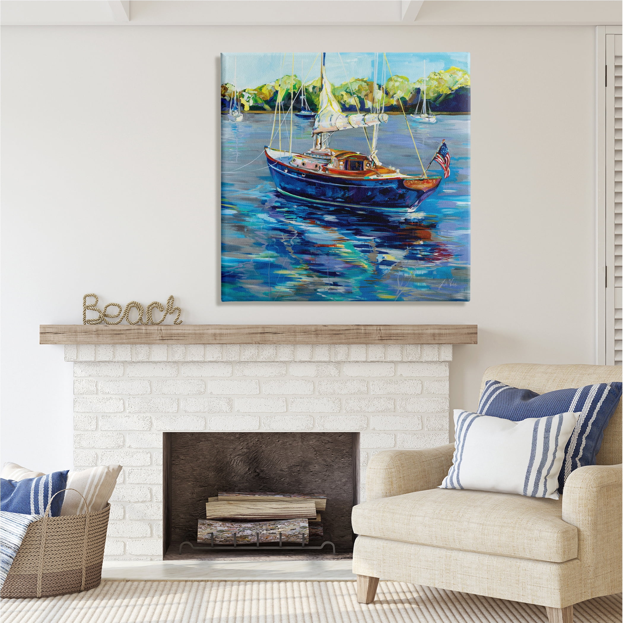 Stupell Industries Boat with American Flag Transportation Painting Gallery Wrapped Canvas Print Wall Art, 36 x 36