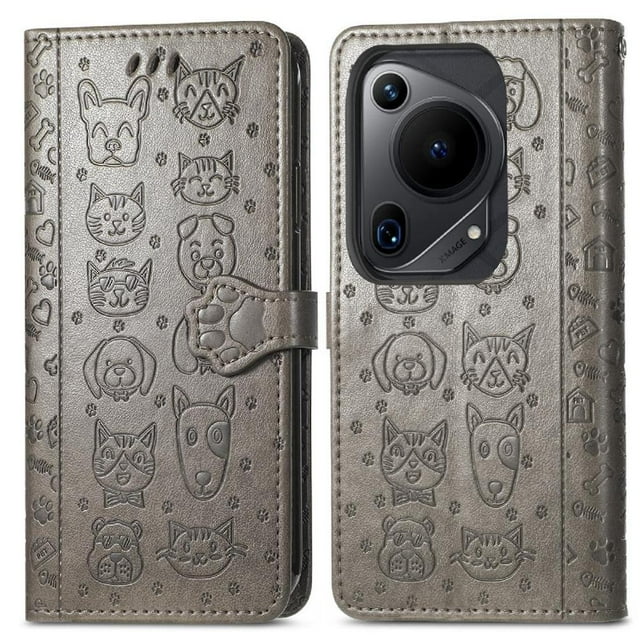 Funda Cartera FOXDOCK para Huawei Pura 70 Ultra , Flip PU con Relieve de Gatos y Perros, Tarjetero y Soporte
