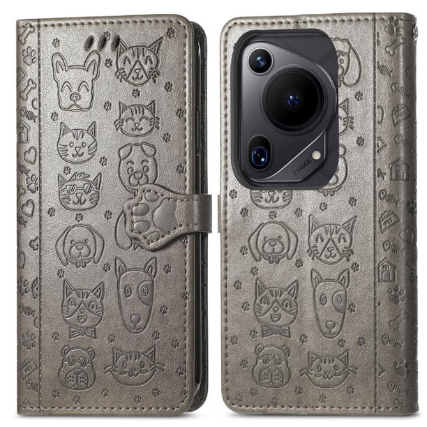 Funda Cartera FOXDOCK para Huawei Pura 70 Ultra , Flip PU con Relieve de Gatos y Perros, Tarjetero y Soporte