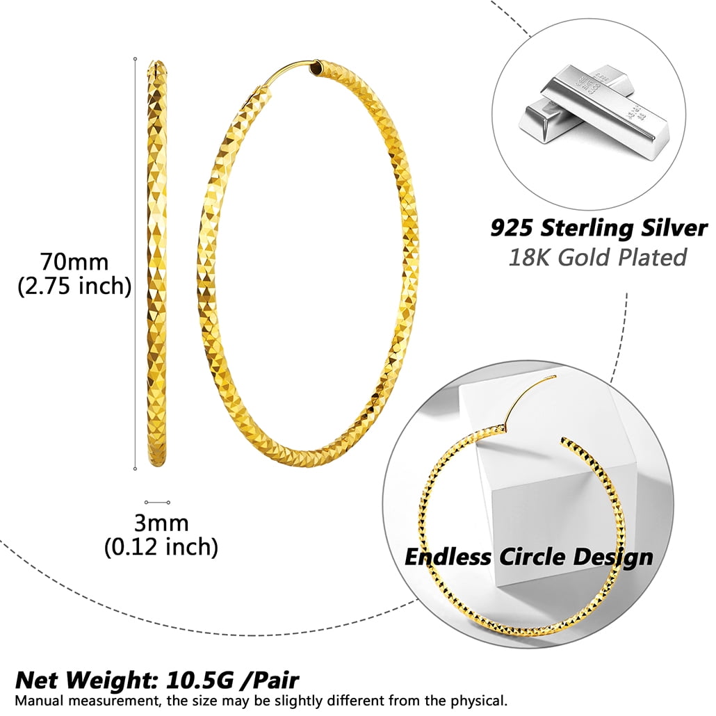 Silvora Gold Plated Large Hoop Earring for Women 70mm Multifaceted Triangle Cut Sterling Silver Hoops Jewelry Gift