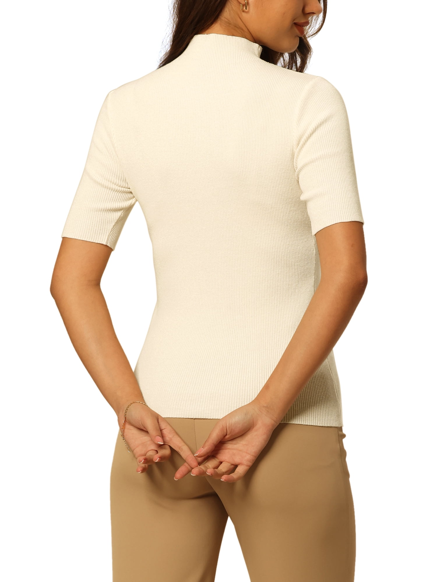 Unique Bargains Women's Mock Neck Blouse Half Sleeve Basic Knitted Tops Beige XL