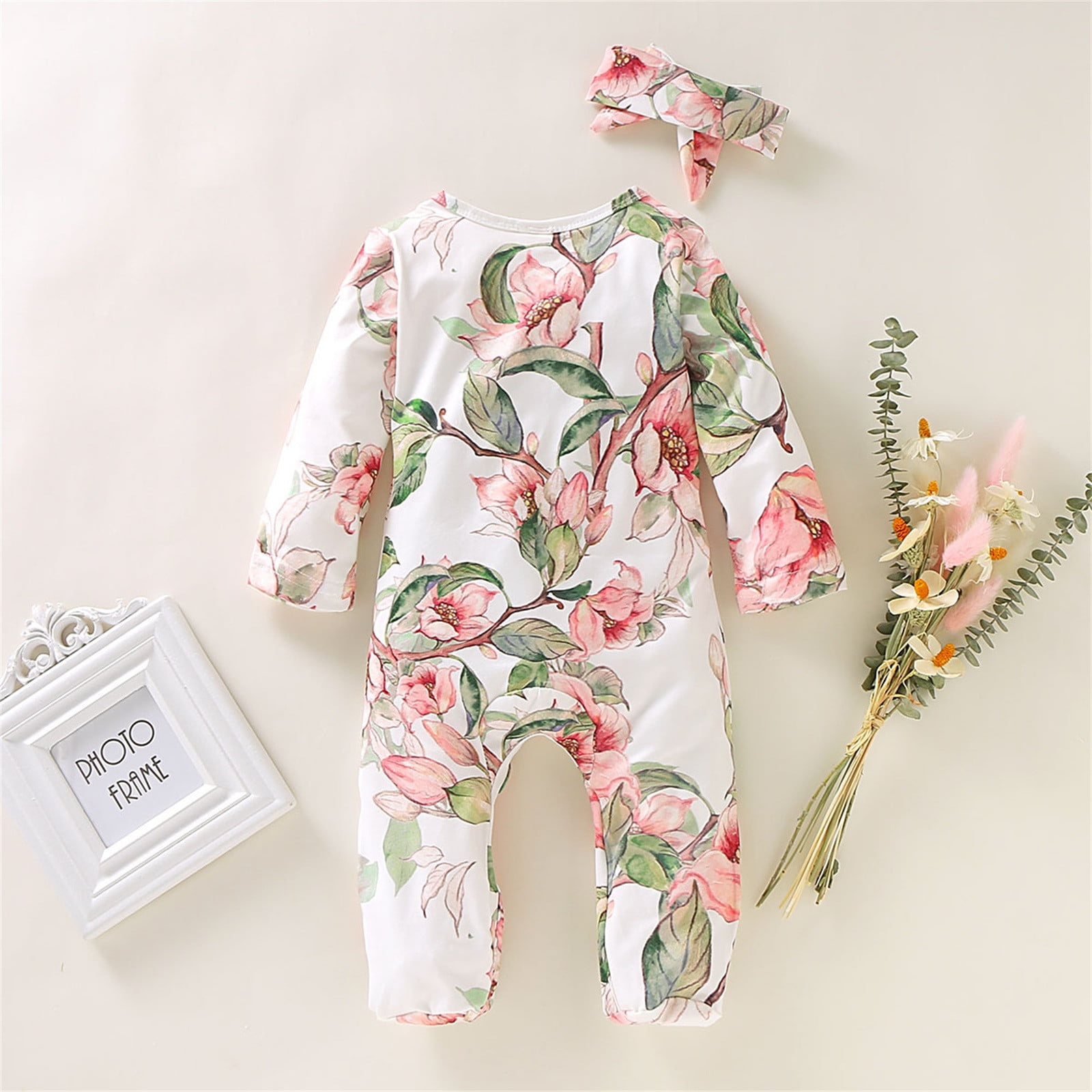 FYDUU Baby Girl Clothes Footed Onesies Floral Long Sleeve Ruffle Romper Jumpsuit Pajamas With Headband Baby Clothing Set Soft Cute Clothes 0-3 Months