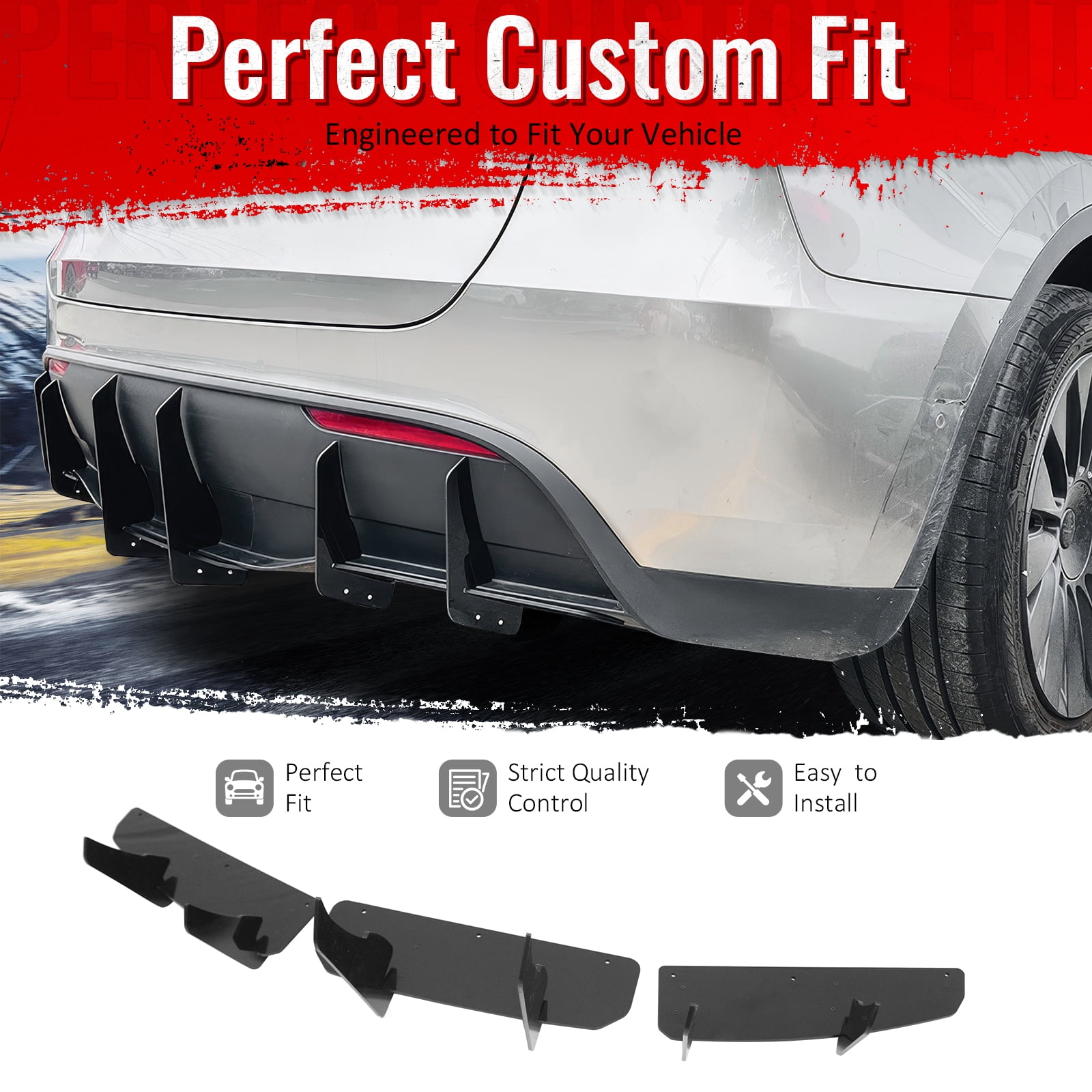 Ikon Motorsports 3PCS Rear Bumper Lip Diffuser Lower Valance Shark Fin For 2020-2025 Tesla Model Y IKON Style Painted Gloss Black ABS Plastic