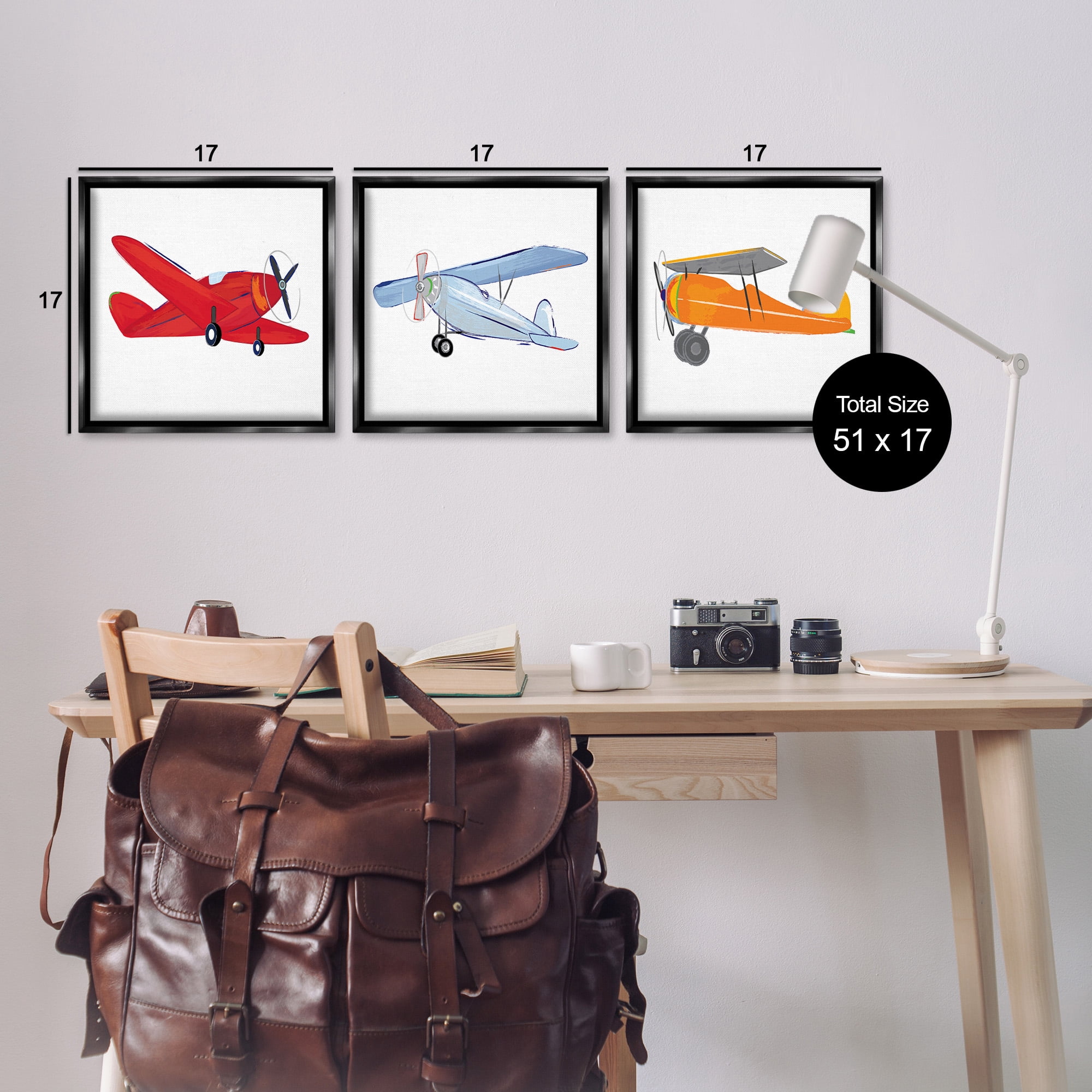 Stupell Industries Triple Colorful Airplanes Drawing Art for Kids Painting Black Floater Framed Canvas Art Print Wall Art, 18 x 18, Set of 3