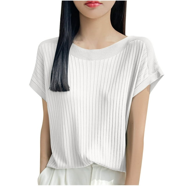 Timegard Hauts pour Femmes Manches Courtes Décontracté Ample Confortable Tricoté Haut Couleur Unie Col Rond Respirant T-Shirt