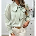 thumbnail image 5 of SWSMCLT Women's Puff Sleeve Blouse Button Up Shirt Fashion Fall Slim Fit Long Sleeve Casual Summer Soft Plaid Bowknot Neck Top Light Green Small, 5 of 5