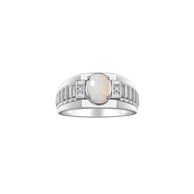 RYLOS Men's Rings 14K White Gold Ring Classic Designer Style 8X6MM Oval Gemstone & Diamond Ring Opal October Birthstone Rings For Men Size 8