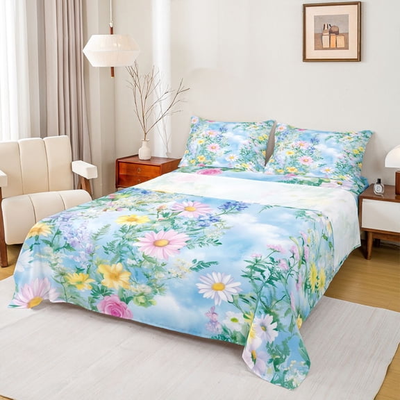 Castle Fairy Boys Girls Chic Floral Daisy Twin Sheet Sets 3pcs,Spring Garden Twin Fitted Sheet Microfiber,Gradient Blue Cloud Sky Breathable Flat Sheet,Super Cozy Room Decor
