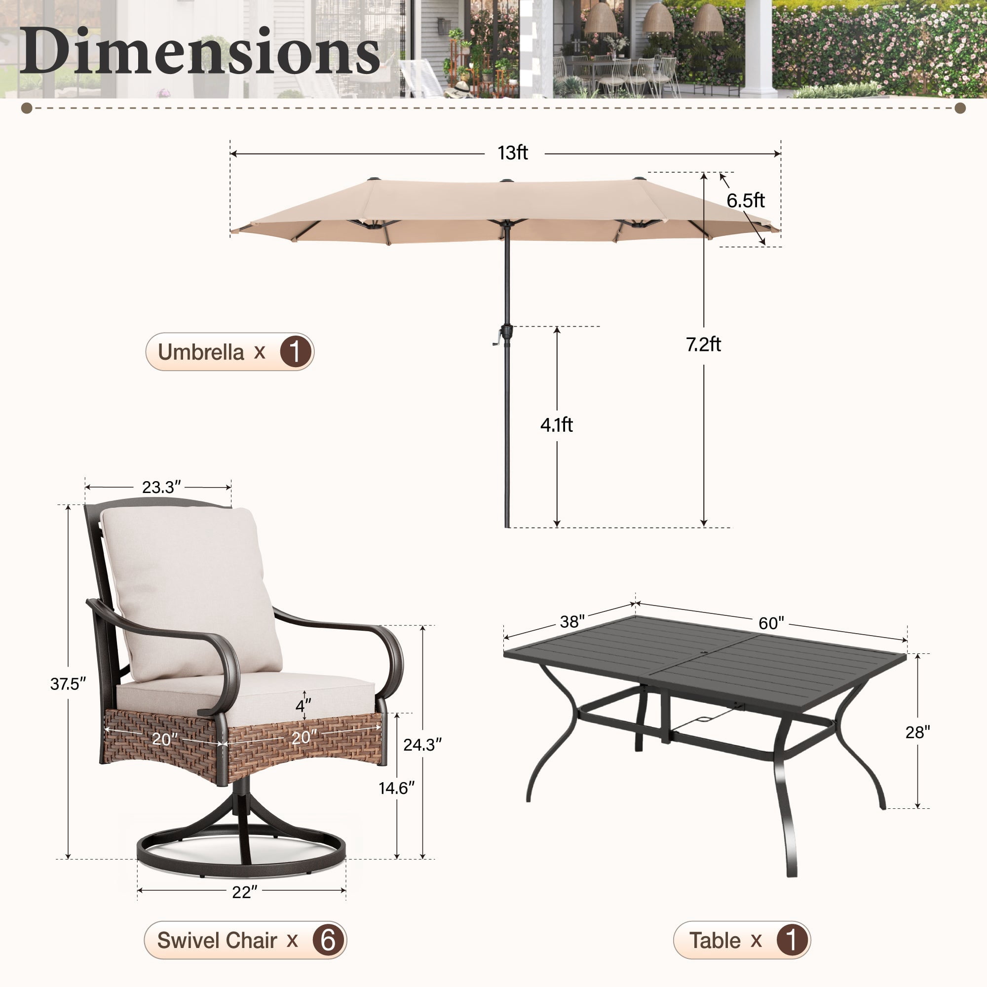 8-Piece Outdoor Patio Dining Set with 13FT Beige Umbrella, Rectangular Patio Table and Swivel Chairs with Seat & Back Cushions for 6 People
