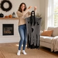 thumbnail image 3 of Pnmtdaia Halloween Scary Hanging Female Ghost Prop, Long Black Hair Creepy Specter with Glowing Dark Eyes, Tattered Torn Robe Spooky Hanging for Spooky House Yard Halloween Party Scene Layout, 3 of 5