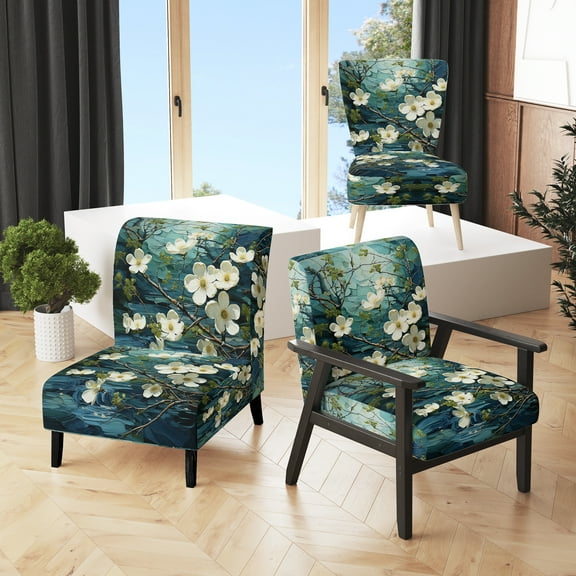 Designart "Blue White Dogwood Delight" Teal Floral & Botanical Upholstered Accent Chair - Traditional Arm Chair For Bedroom