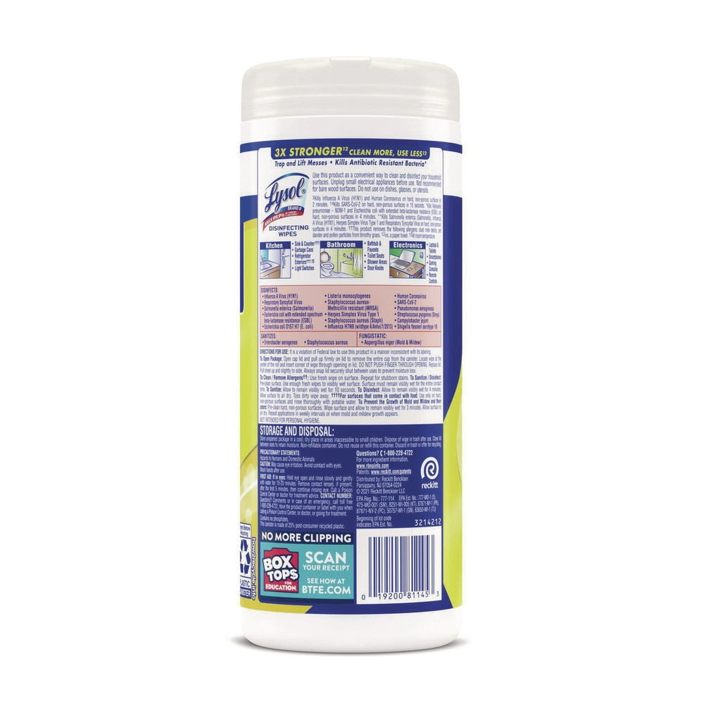 LYSOL Brand 19200-81145 7 in. x 7.25 in. 1-Ply Disinfecting Wipes - Lemon and Lime Blossom, White (35 Wipes/Canister, 12 Canisters/Carton)