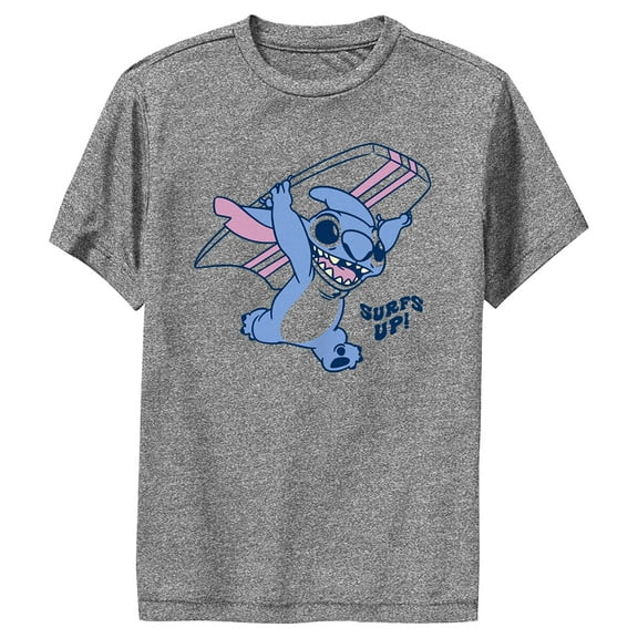 Boy's Lilo & Stitch Surfs Up Stitch  Performance Graphic Tee Charcoal Heather Small