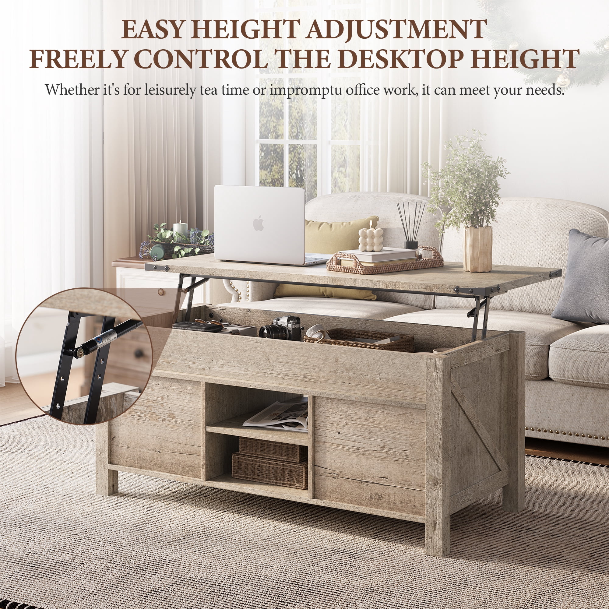 OKD 48" Farmhouse Lift Top Coffee Table with Sliding Barn Door, Rustic Center Table with Hidden Storage Compartment for Living Room, Office, Light Rustic Oak