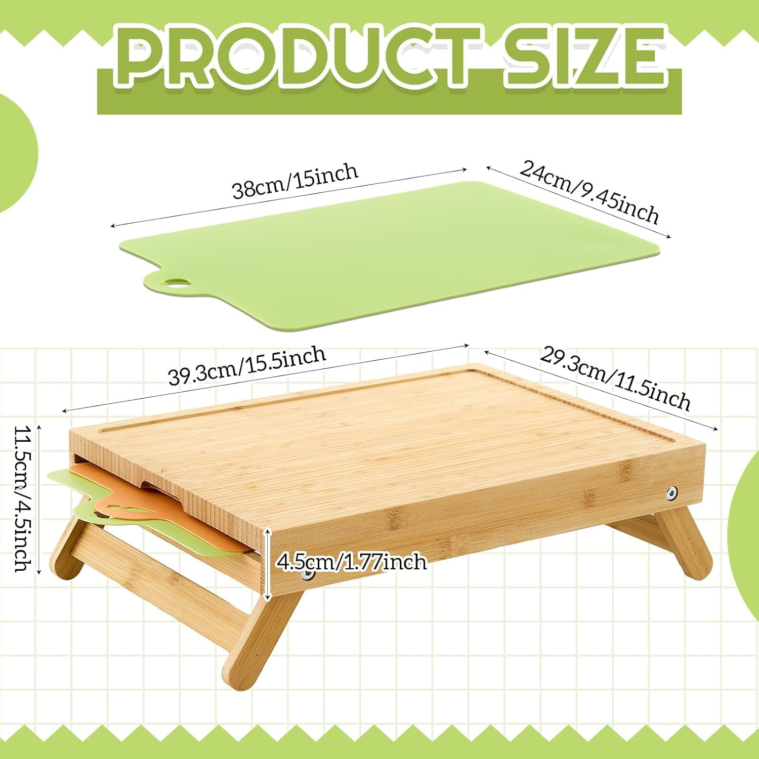 MKEUDQ-Large Raised Bamboo Cutting Board with Foldable Legs for Kitchen with 2 Plastic Cutting Mats Wooden Chopping Board for Kitchen Countertop, 15.5 x 11.5 x 4.5 Inches