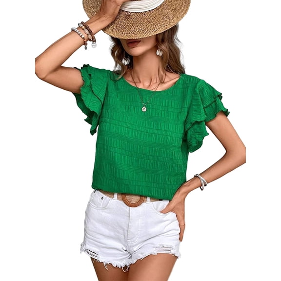 Womens Summer Ruffle Short Sleeve Crewneck Shirts Textured Ladies Elegant Business Blouses Dressy Casual Green Green XL