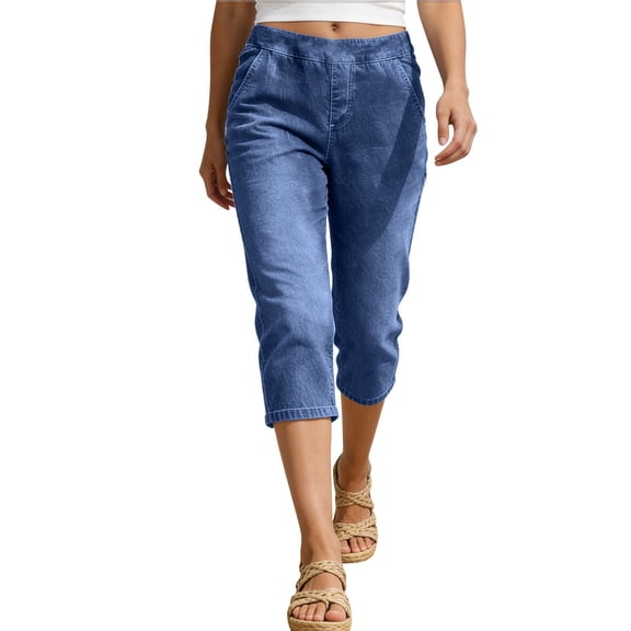 Summer Capri Pants,Denim Capris for Women Pull on Elastic Waist Cropped Pants Mid Rise Cropped Jean Pants Capri Jeans Summer Casual