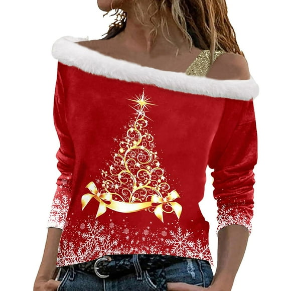 Womens Christmas Tops Long Sleeve Shirts Festive Off Shoulder With Trim Elegant Holiday Party Seasonal Celebrations Fall Clothes For Women Tees Blouses
