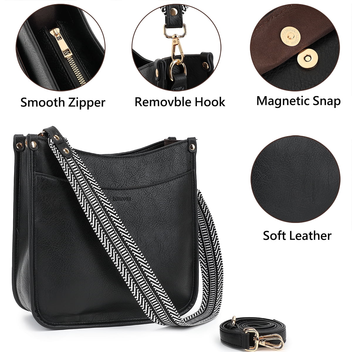 Crossbody Bags for Women Trendy Handbags Vegan Leather Shoulder Bag Black Crossbody Purse with Adjustable Straps