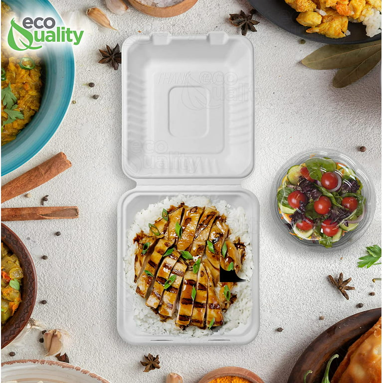 Compostable Square Hinged Clamshell Take Out Food Containers 9x9x3 - Heavy Duty Quality Disposable to Go Containers, Single Compartment Eco-Friendly 