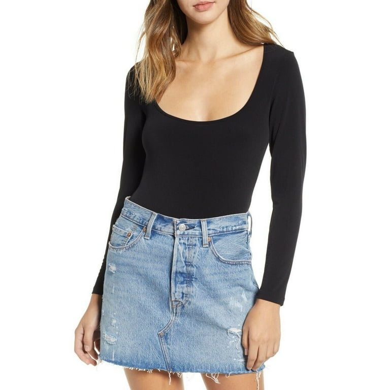 Women s Leith Double Scoop Long Sleeve Thong Bodysuit Black Size Medium
