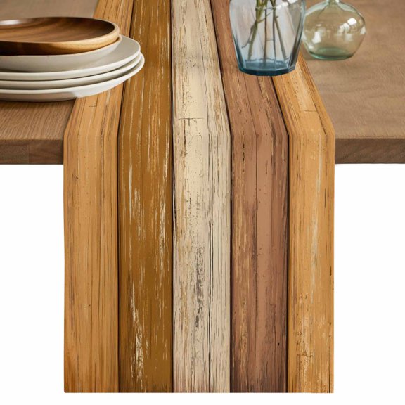 Farmhouse Yellow Brown Table Runner, Vintage Wooden Striped Washable Cotton Linen Table Runners 72 Inches Long, Dresser Scarf Runner for Dining/Coffee/Kitchen/TV Stands/Cabinets 13''x72''