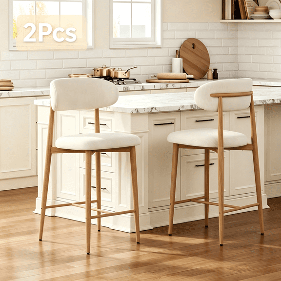 Imountek Set of 2 Modern Counter Height Bar Stools, Upholstered Linen Counter Stools with Curved Backrest Metal Legs for Kitchen Island Bar, Wood