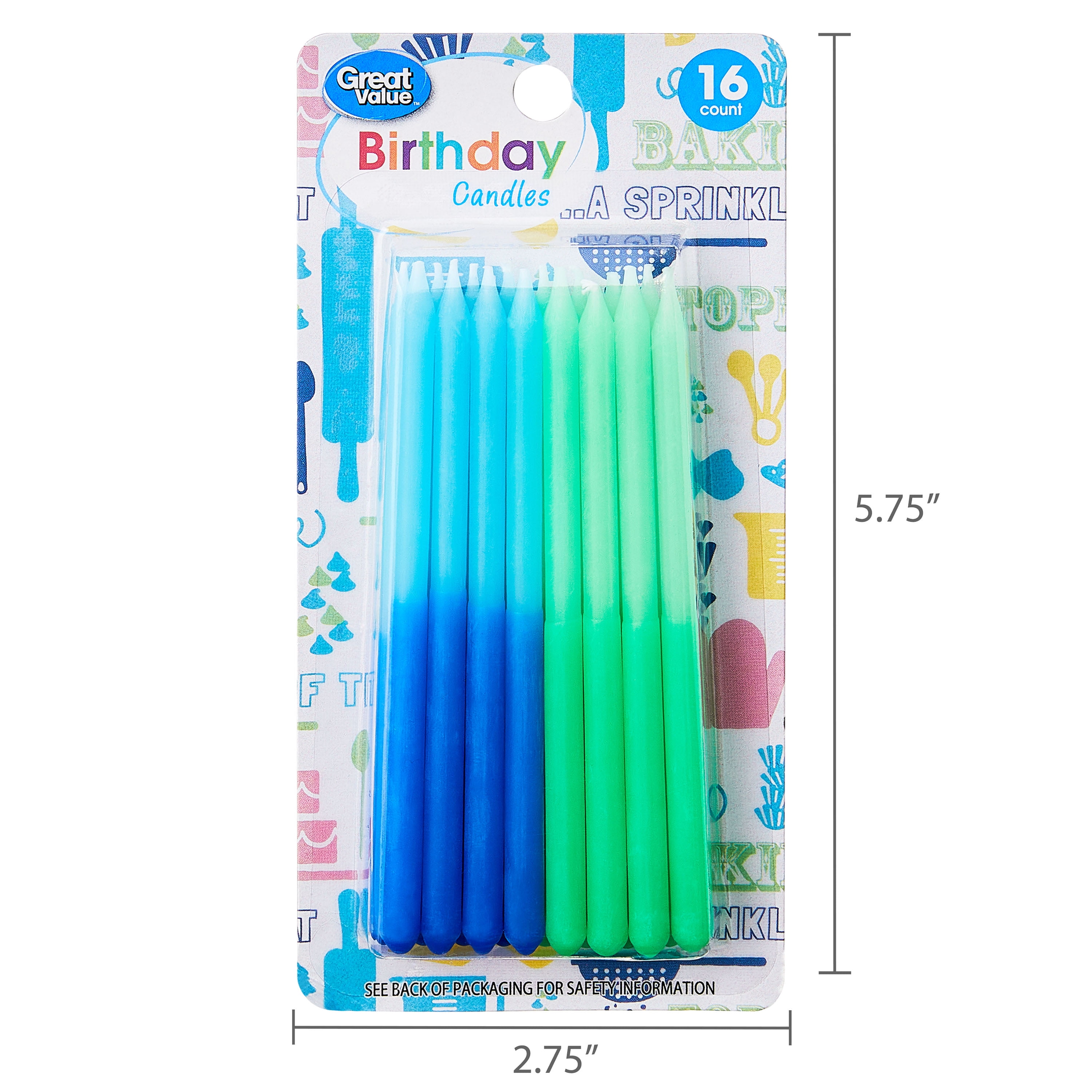 Great Value Tall Ombre Blue and Green Birthday Candles, 16 Count