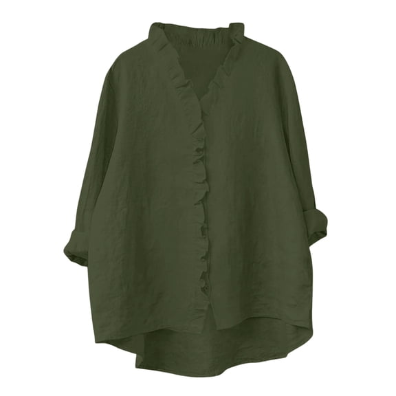 Bosfbaoi Womens Blouse Ruffled V Neck Button Down Oversized Rolled Long Sleeve Solid Linen-Look Casual Tops for Women