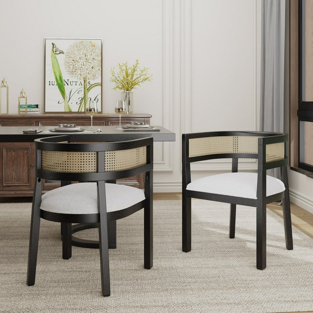 MODERNLUXE Dining Chairs Set of 2,Farmhouse Country Rattan Dining Chair with Curved Backrest for Living Room, Kitchen,Black
