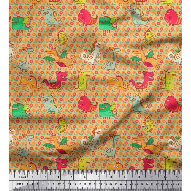 Soimoi Georgette Viscose Fabric Floral & Dinosaur Cartoon Fabric Prints by Yard 42 Inch Wide
