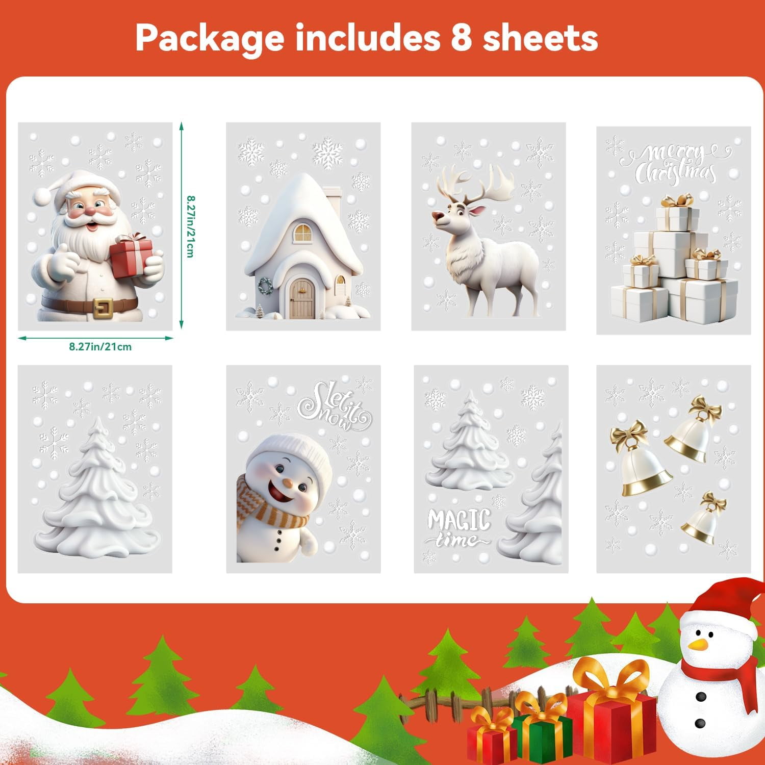 Christmas Window Stickers, 3D Xmas Window Decals White Christmas Window Clings Double Sided for Christmas Window Decorations(8 Sheets)