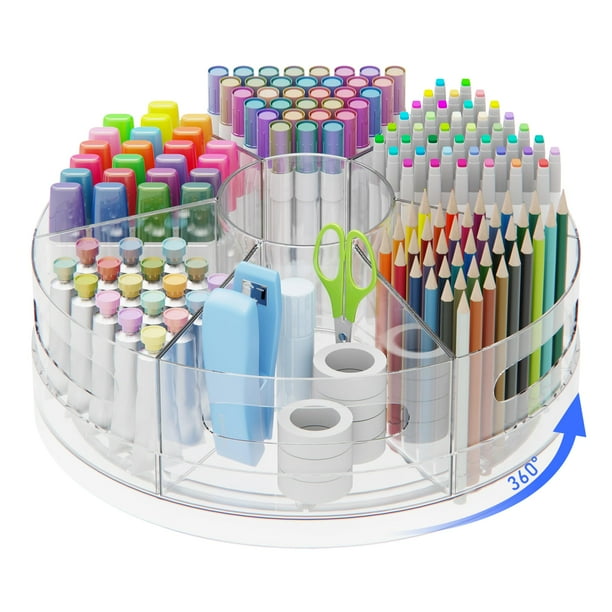 CraftGenes Organizador de bolígrafos para escritorio – Portalápices acrílico con empuñaduras de mano Organizador de escritorio giratorio extra grande 360 con 7 compartimentos extraíbles para oficina
