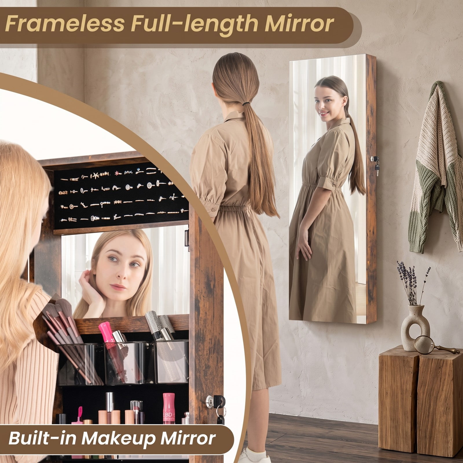Furnibear 43.5 Inch Jewelry Armoire Cabinet with Full Length Mirror and Adjustable Hangers for Bedroom and Entryway, Rustic Brown